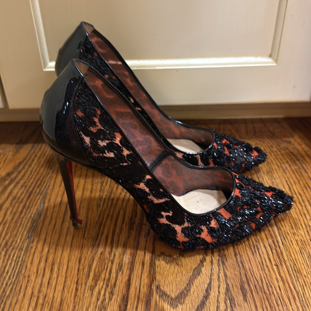 Christian Louboutin Leo chiffon follies 120 38 black stilleto pump red orange